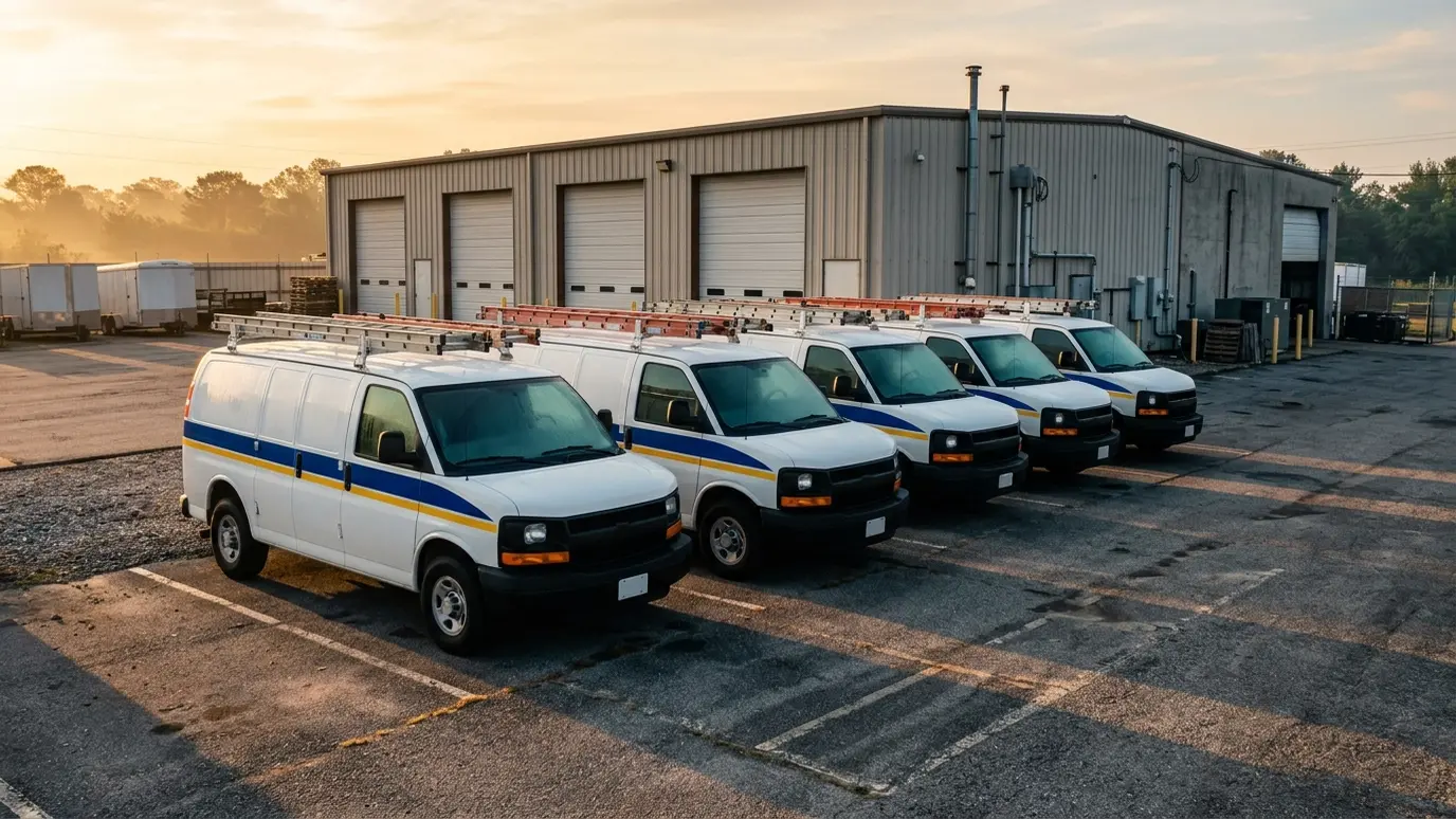 About Music City Handyguy A row of white service vans with blue and yellow stripes parked outside a garage bay