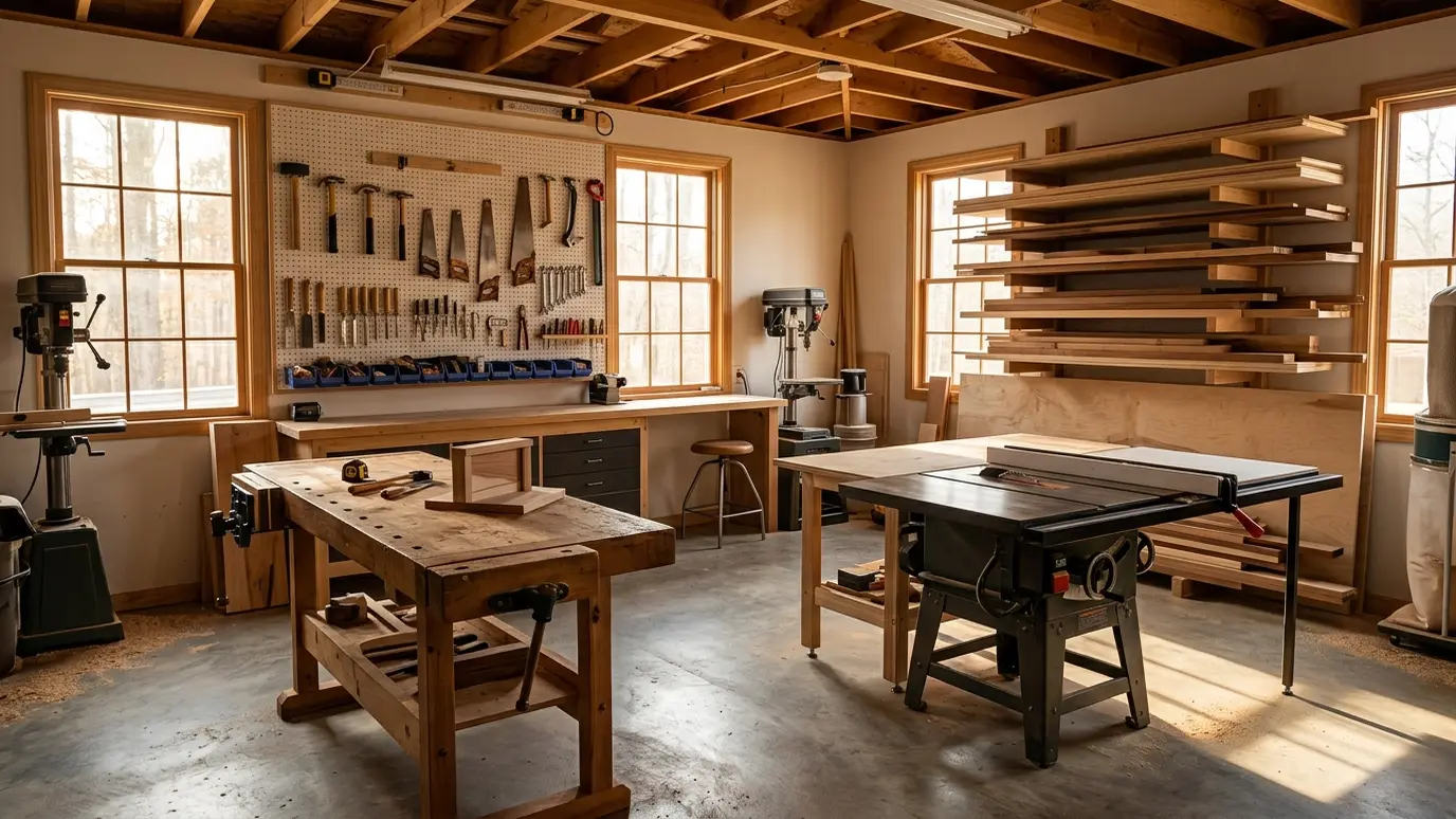 A carpentry shop with table saws, workbenches and wall-mounted hand tools