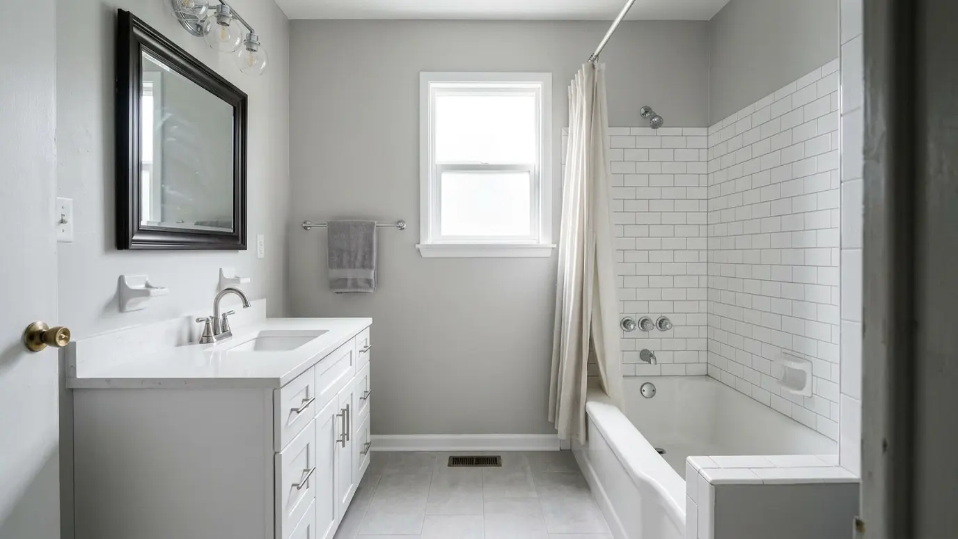 After: Bathroom refresh | Music City Handyguy After: a bathroom with new white tile, a new vanity and fresh paint