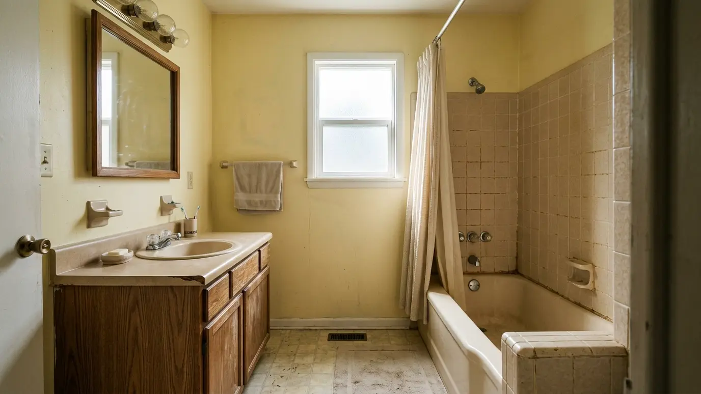 Before: a bathroom with a worn tub surround, discolored grout and an old vanity