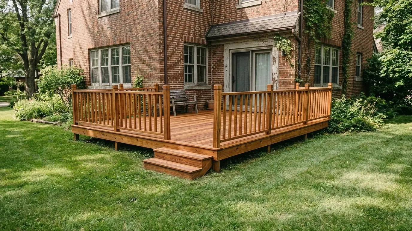 After: Deck rebuild | Music City Handyguy After: a backyard deck with new stained boards and a sturdy railing