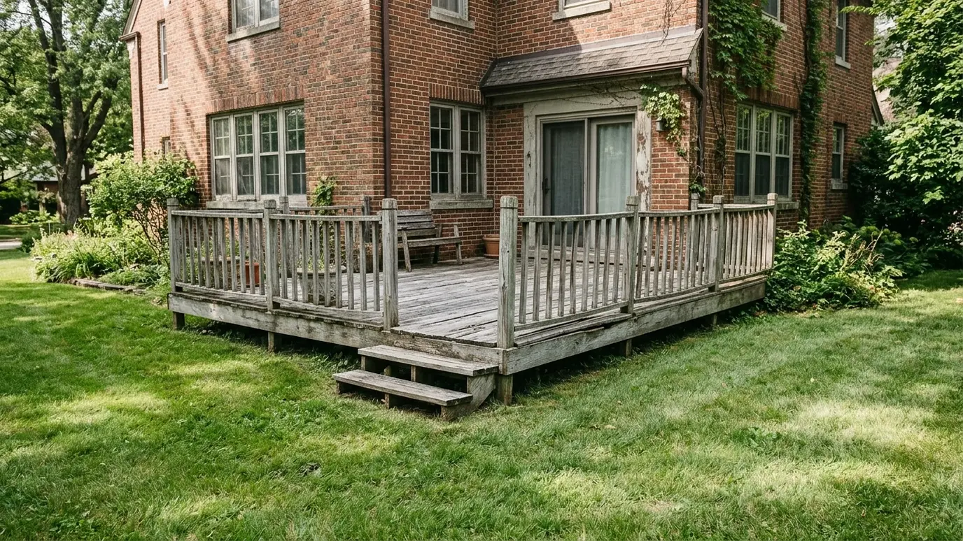 Before: a backyard deck with weathered gray boards and a wobbly railing