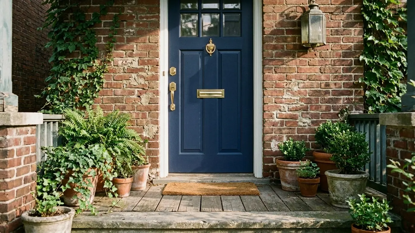 After: New front door | Music City Handyguy After: a front porch with a navy blue door with brass hardware and fresh trim