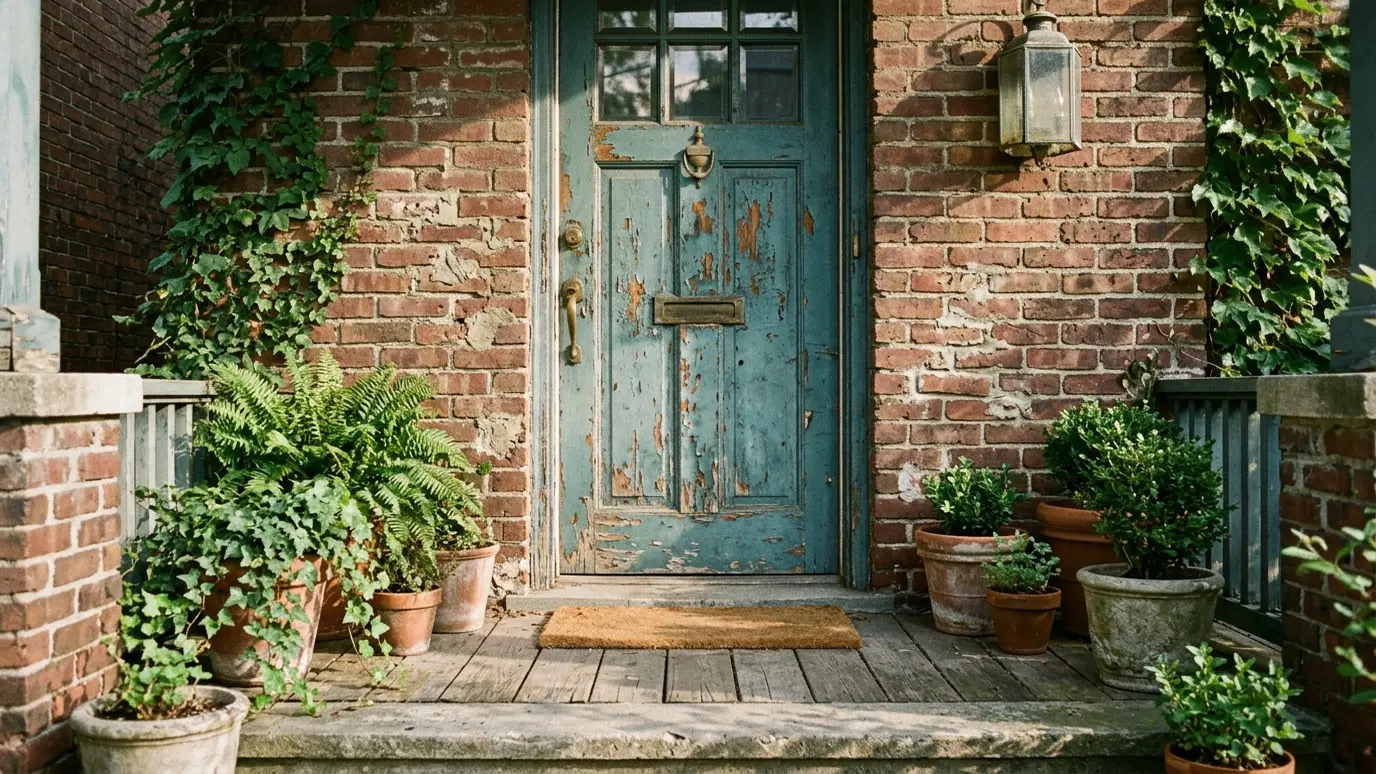 Before: a front porch with a faded, peeling door
