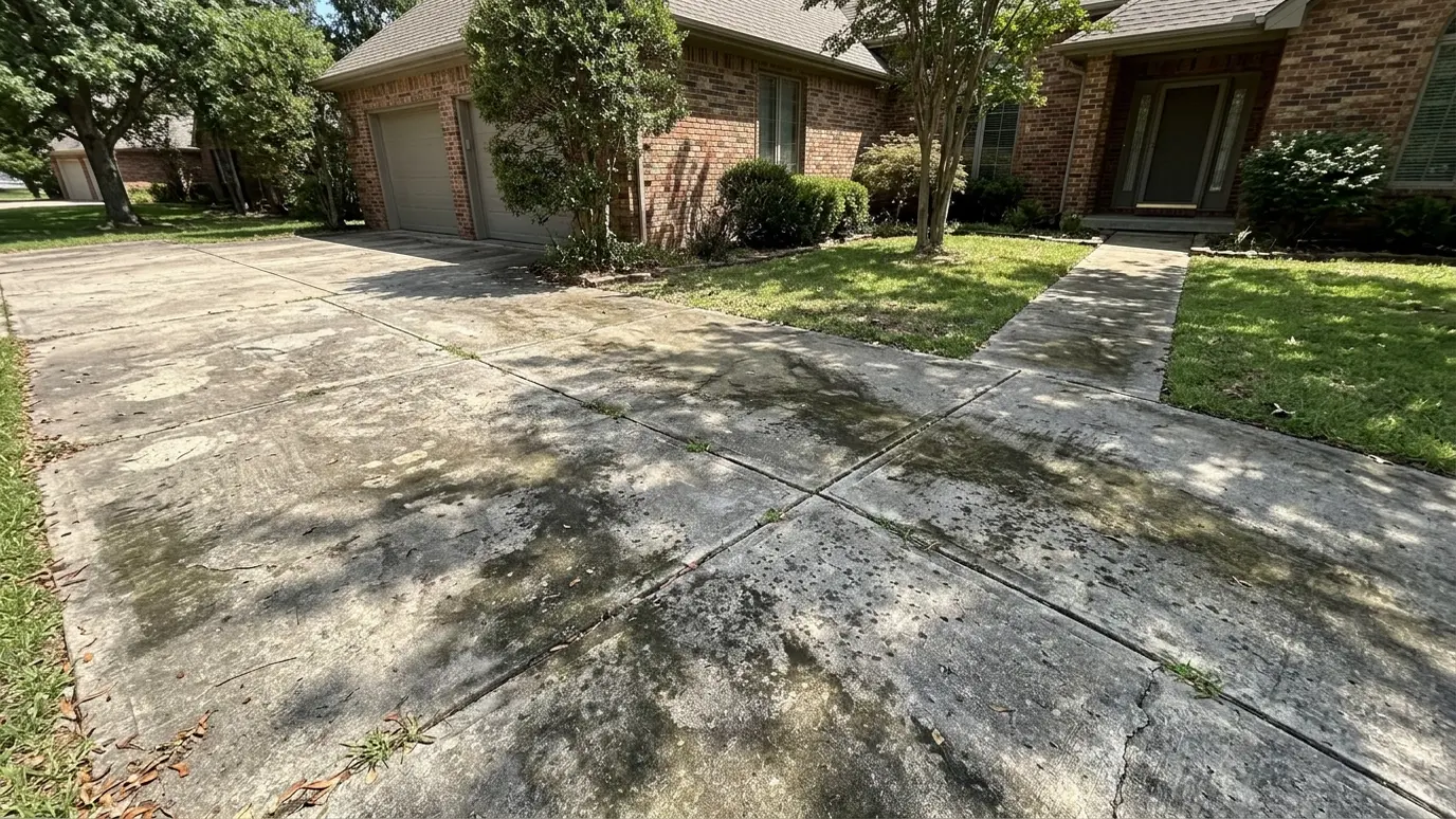 Before: a driveway and walk with dirt, mildew and stains