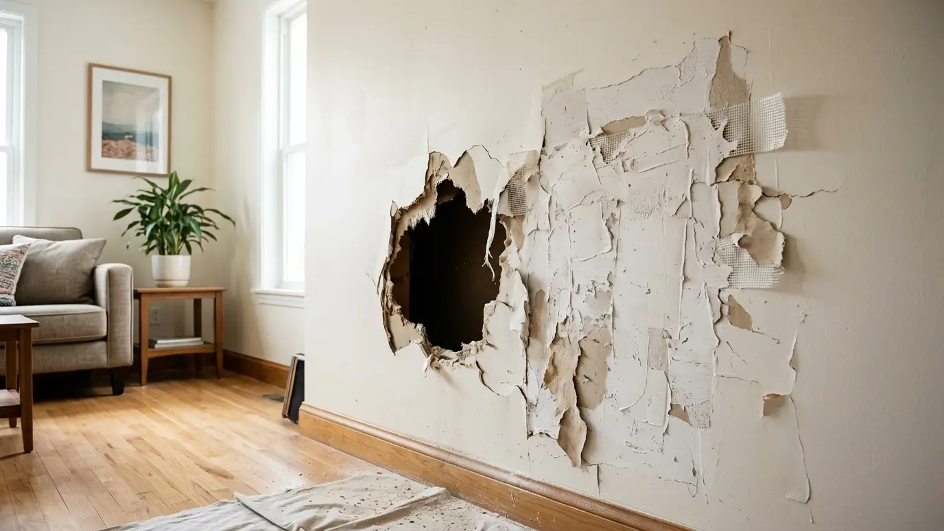 Before: a living room wall with a large hole and cracked patching