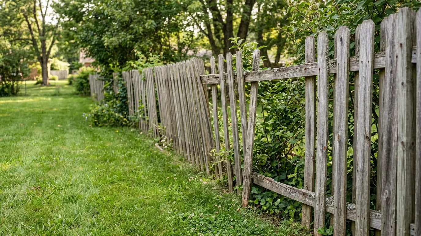 Before: a backyard with a leaning, broken wooden fence