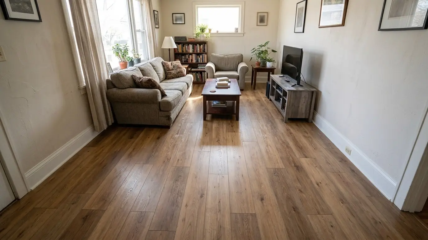 After: New flooring | Music City Handyguy After: a living room with warm oak-look plank flooring and fresh white baseboards