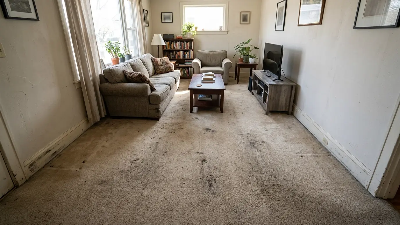 Before: a living room with stained, worn carpet and scuffed baseboards