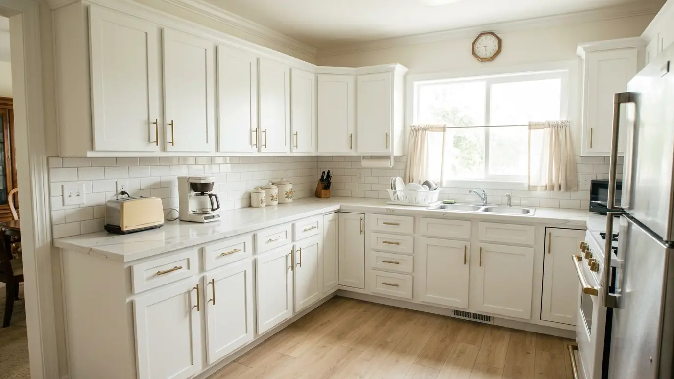 After: Kitchen update | Music City Handyguy After: a kitchen with white shaker cabinets, quartz counters, a tile backsplash and a new floor