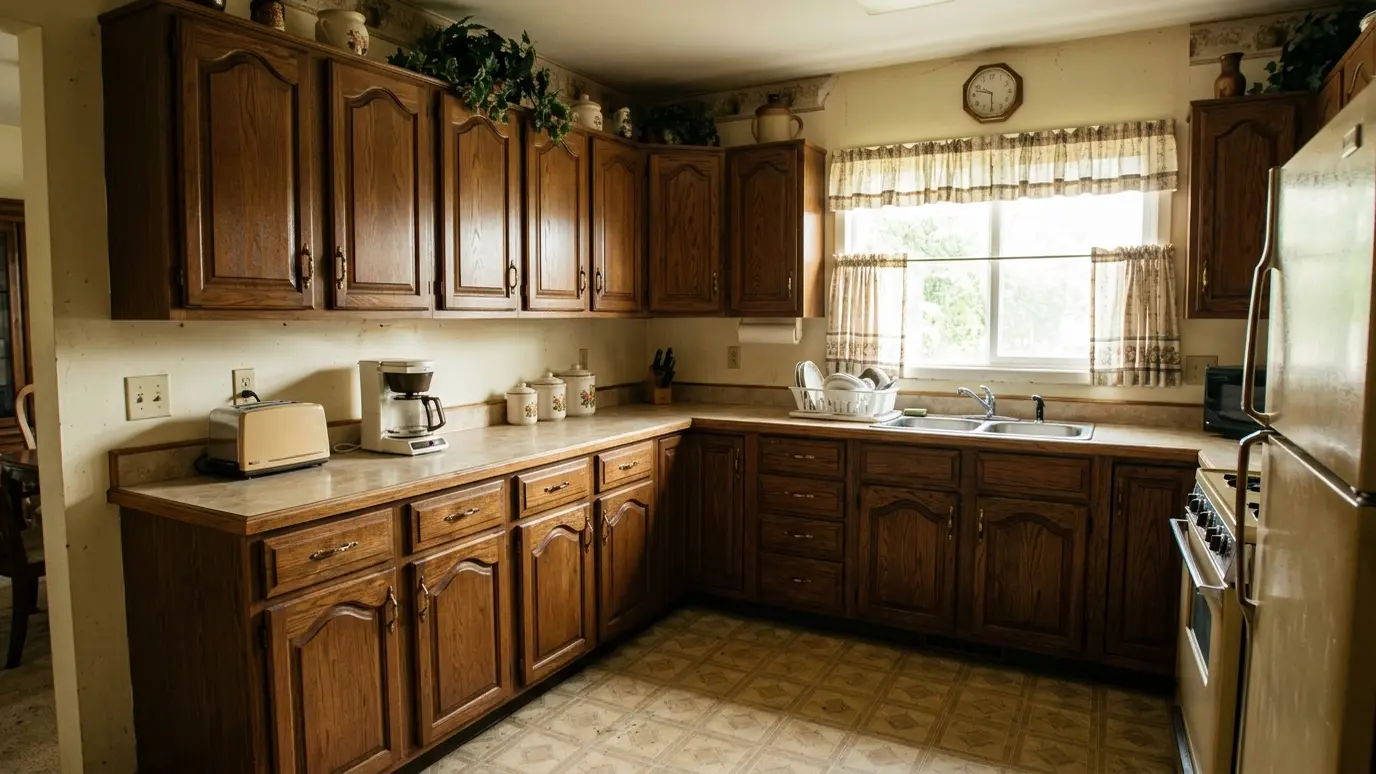 Before: a kitchen with dark oak cabinets, laminate counters and a worn floor