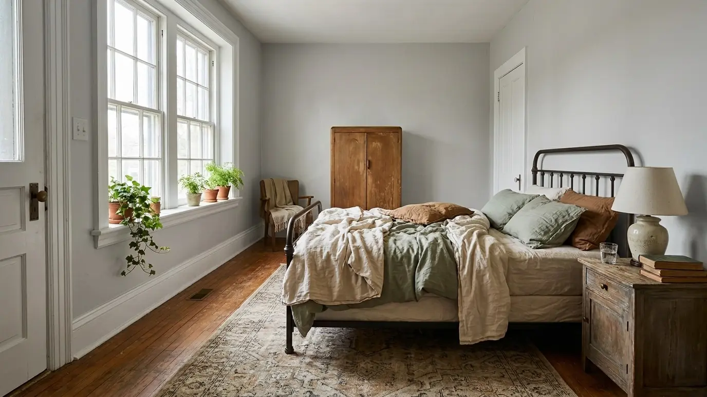 After: Interior painting | Music City Handyguy After: a bedroom with soft gray walls and crisp white trim