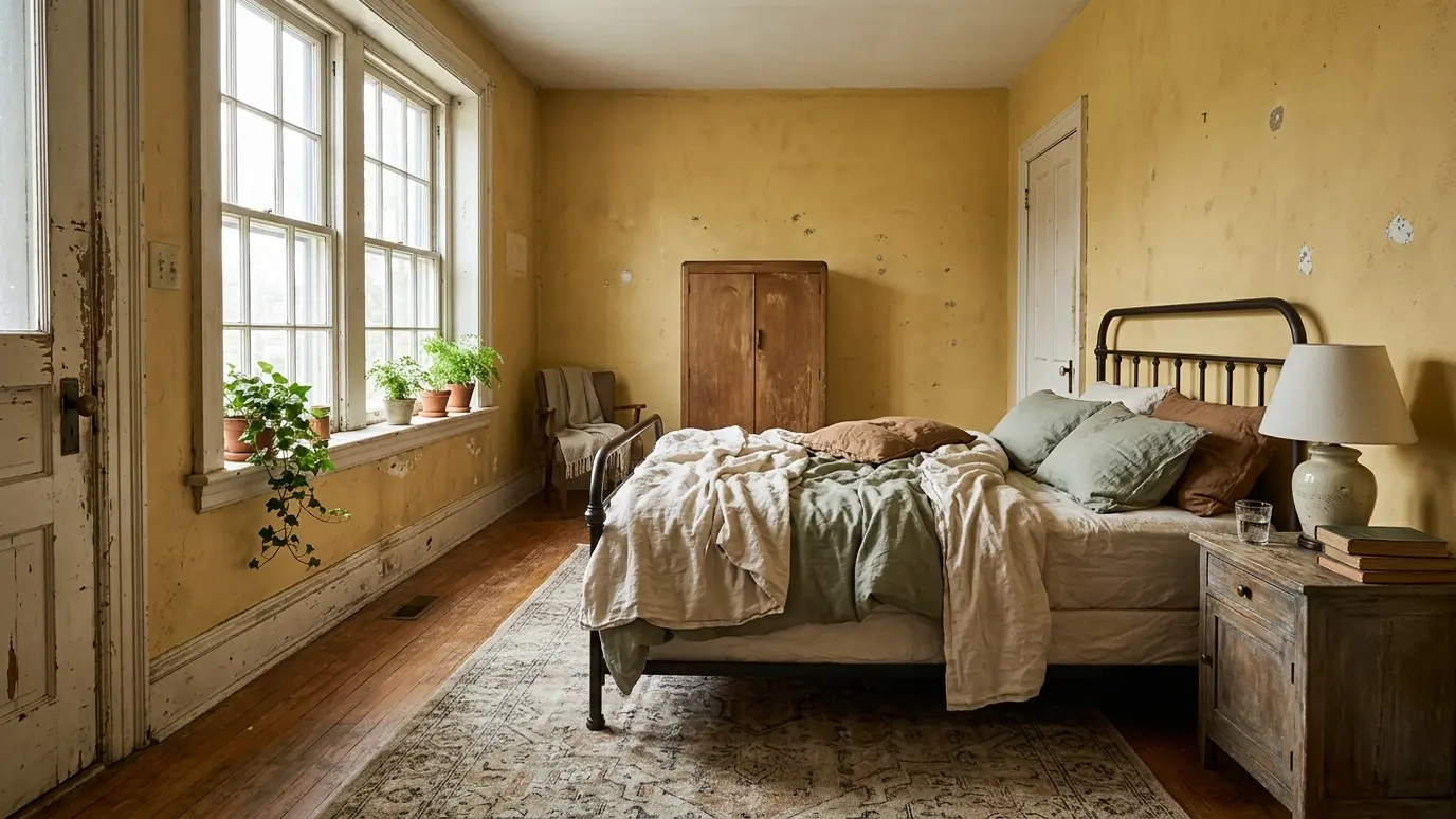 Before: a bedroom with scuffed yellow walls and chipped trim