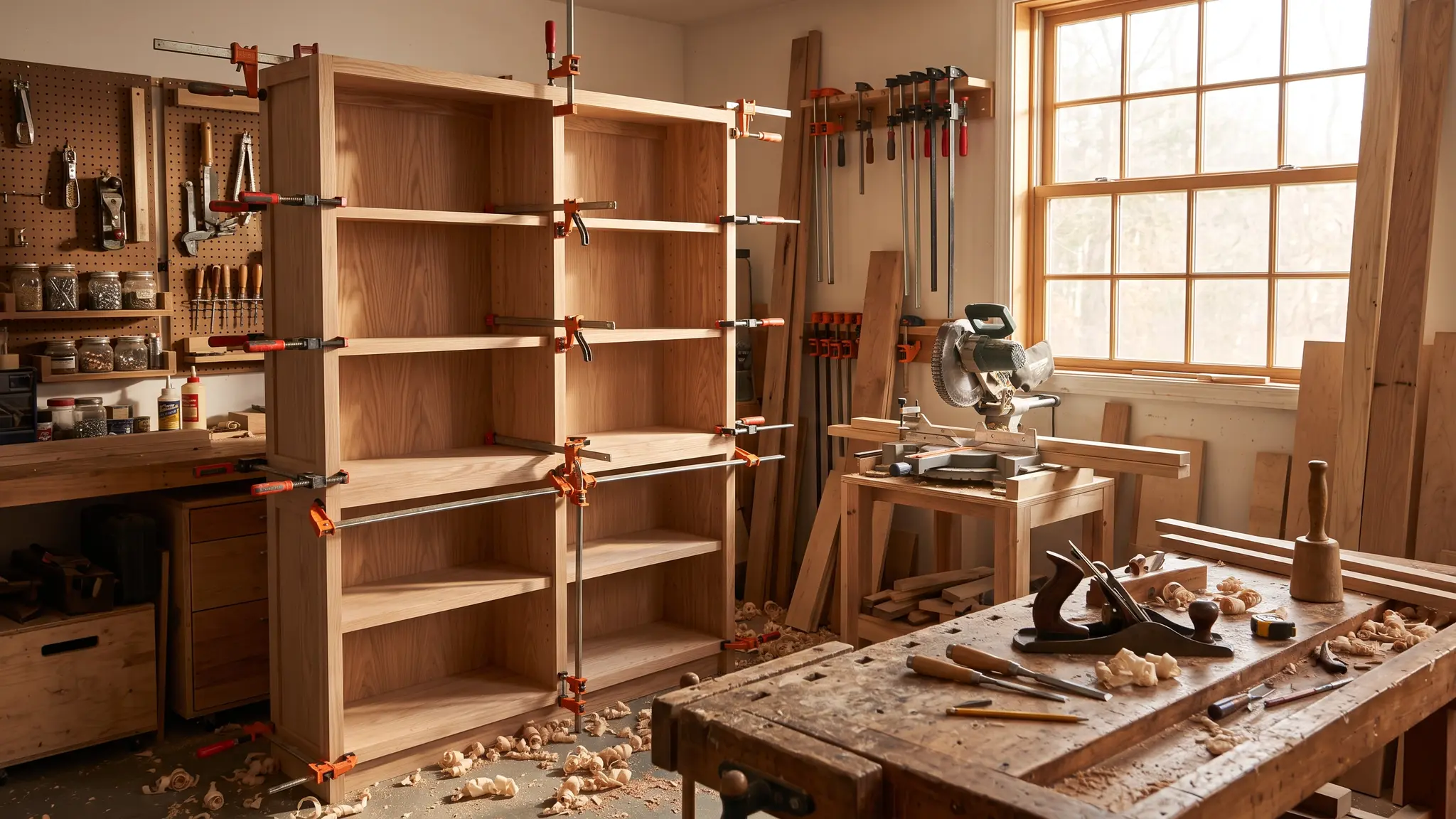 A workbench with hand tools, a power drill, a tape measure and an open blue toolbox