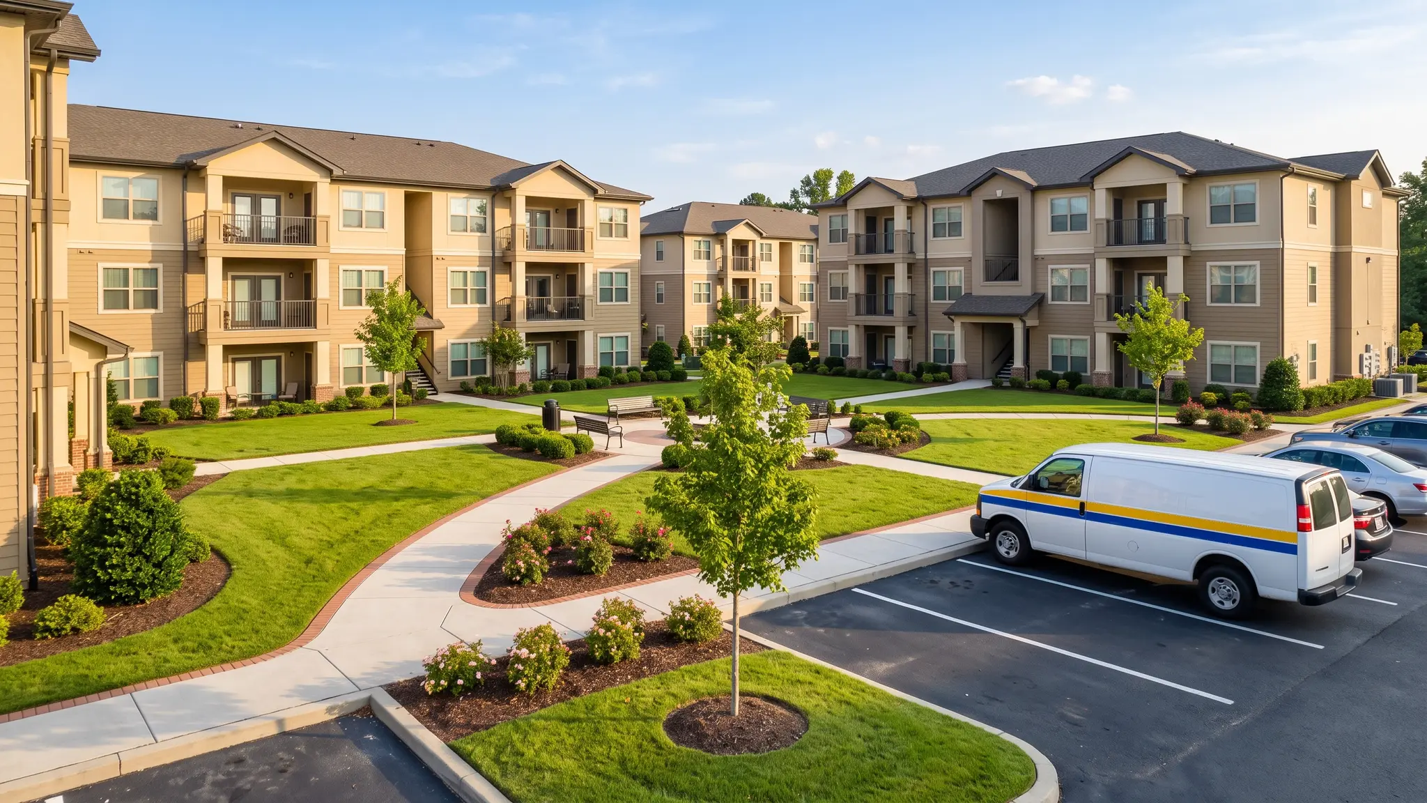 An apartment community with landscaped lawns, a parking lot and a parked white service van with a blue stripe