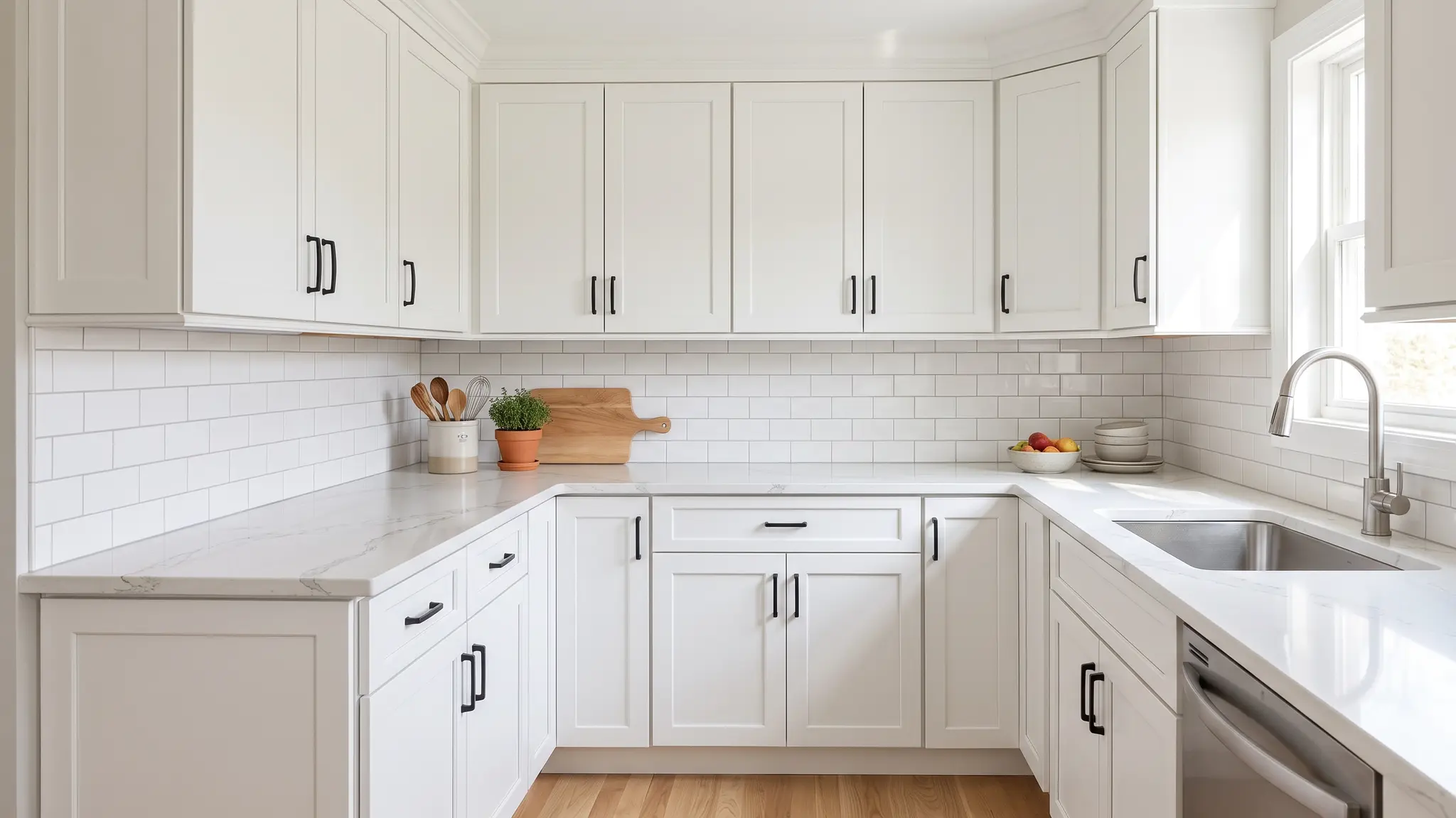 Kitchens and baths | Music City Handyguy A bright updated kitchen with white shaker cabinets, a subway tile backsplash and light countertops