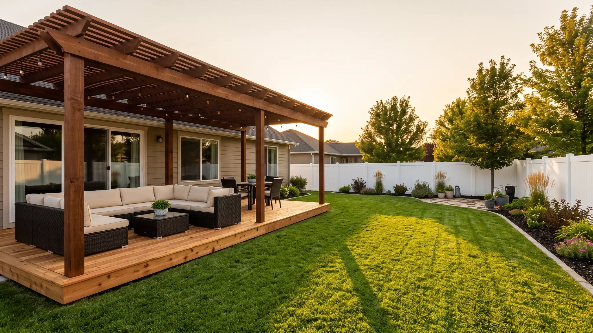 A suburban backyard with a wooden pergola over a deck beside a manicured lawn