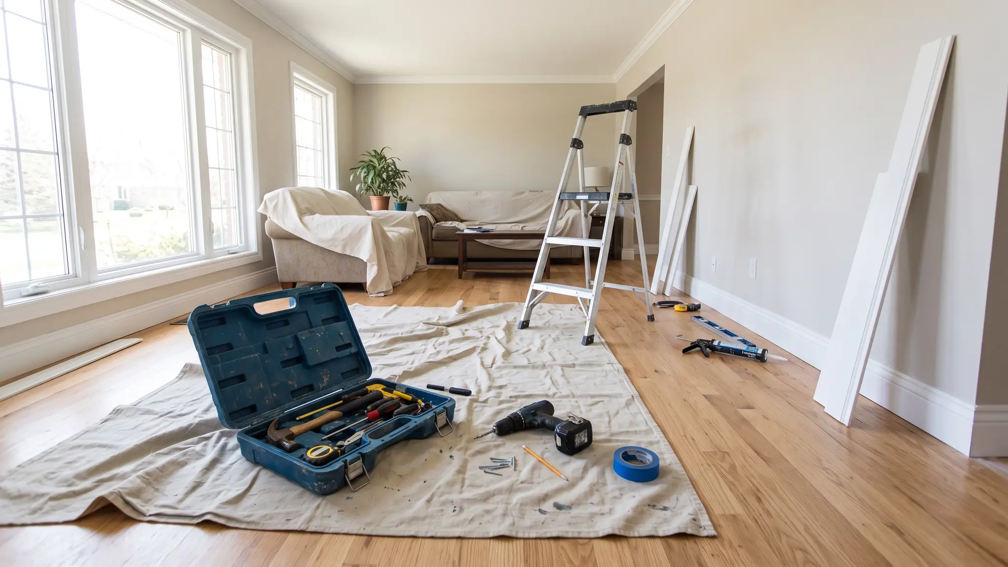 Repairs and honey-do lists | Music City Handyguy A bright living room prepared for repairs with a stepladder, an open blue toolbox and tools on a drop cloth