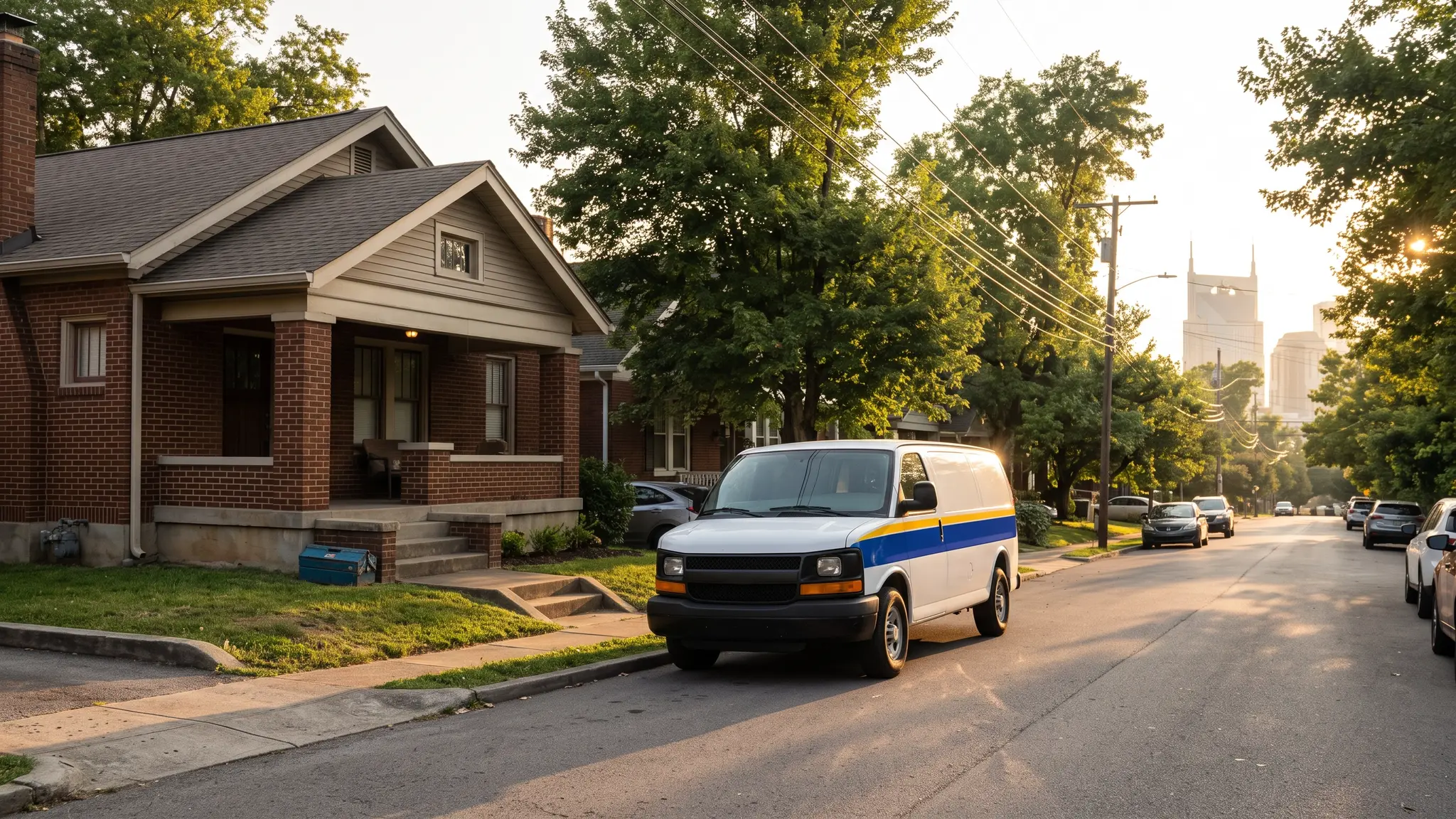 Music City Handyguy | Handyman and home repair in Nashville, TN A white work van with a blue and yellow stripe parked on a tree-lined Nashville street beside a brick home, with the downtown skyline in the distance