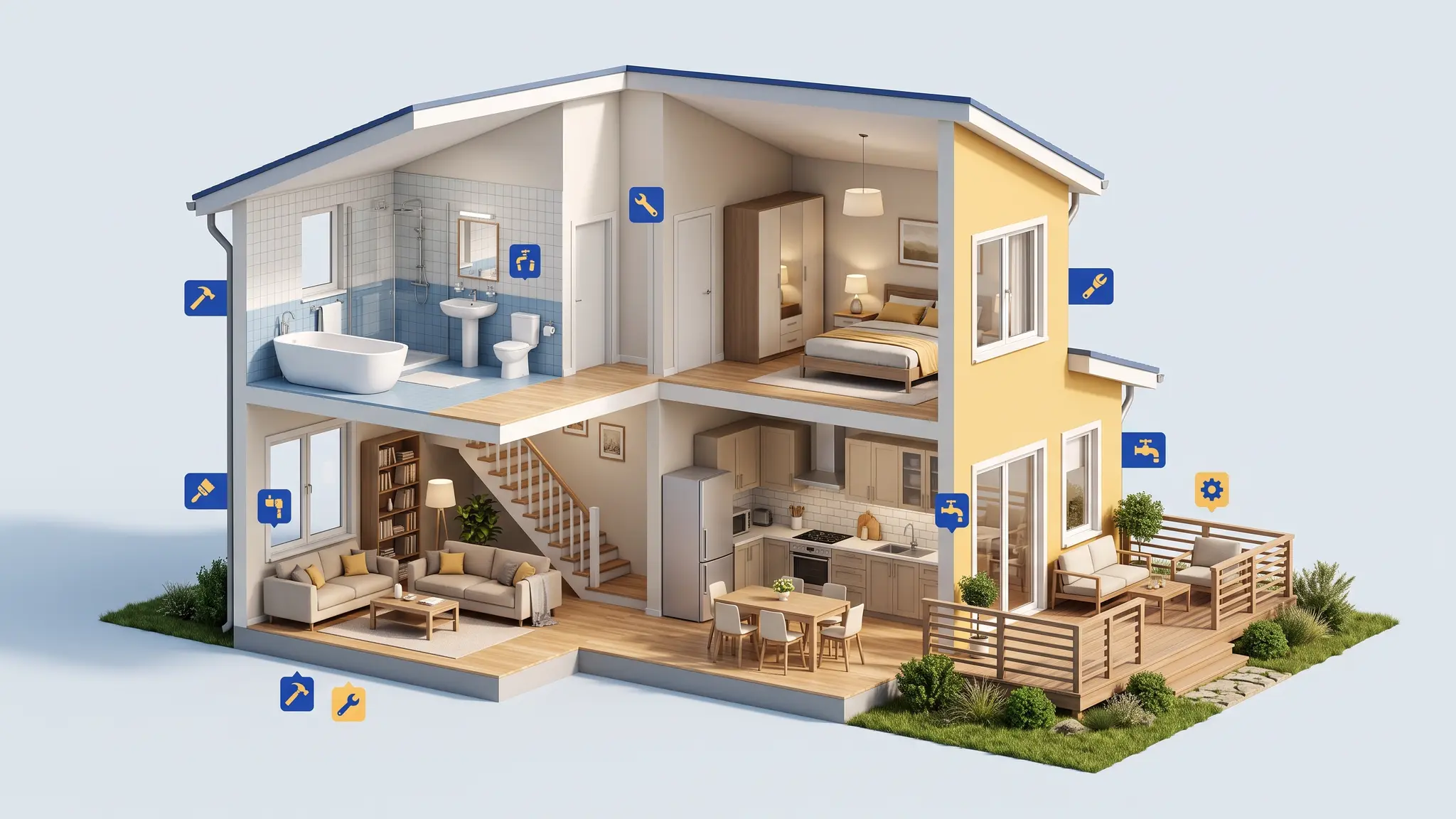 A 3D cutaway model of a two-story home with blue icon markers showing the kitchen, bathroom, living room and deck