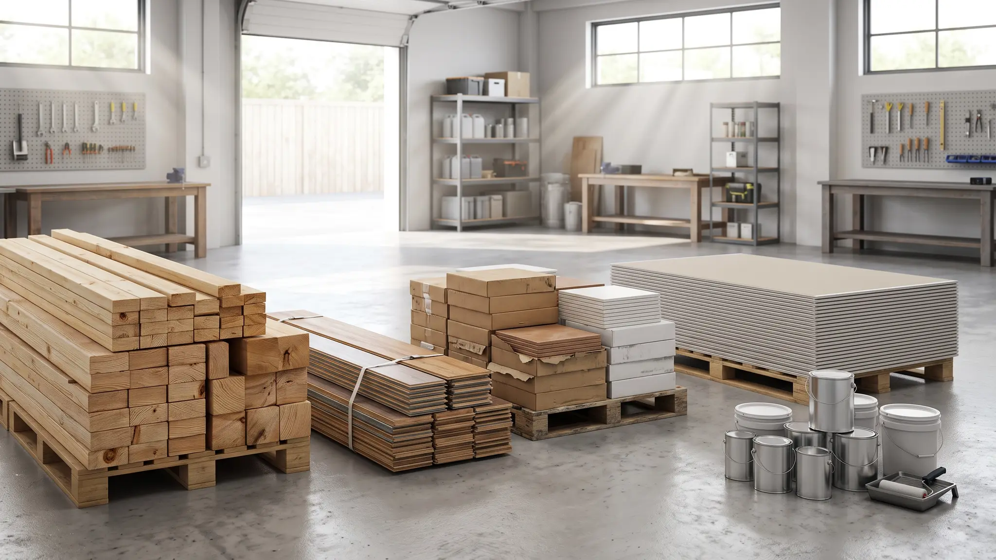Handyman project ideas and material guides | Music City Handyguy A workshop stocked with lumber stacks, flooring planks and paint cans