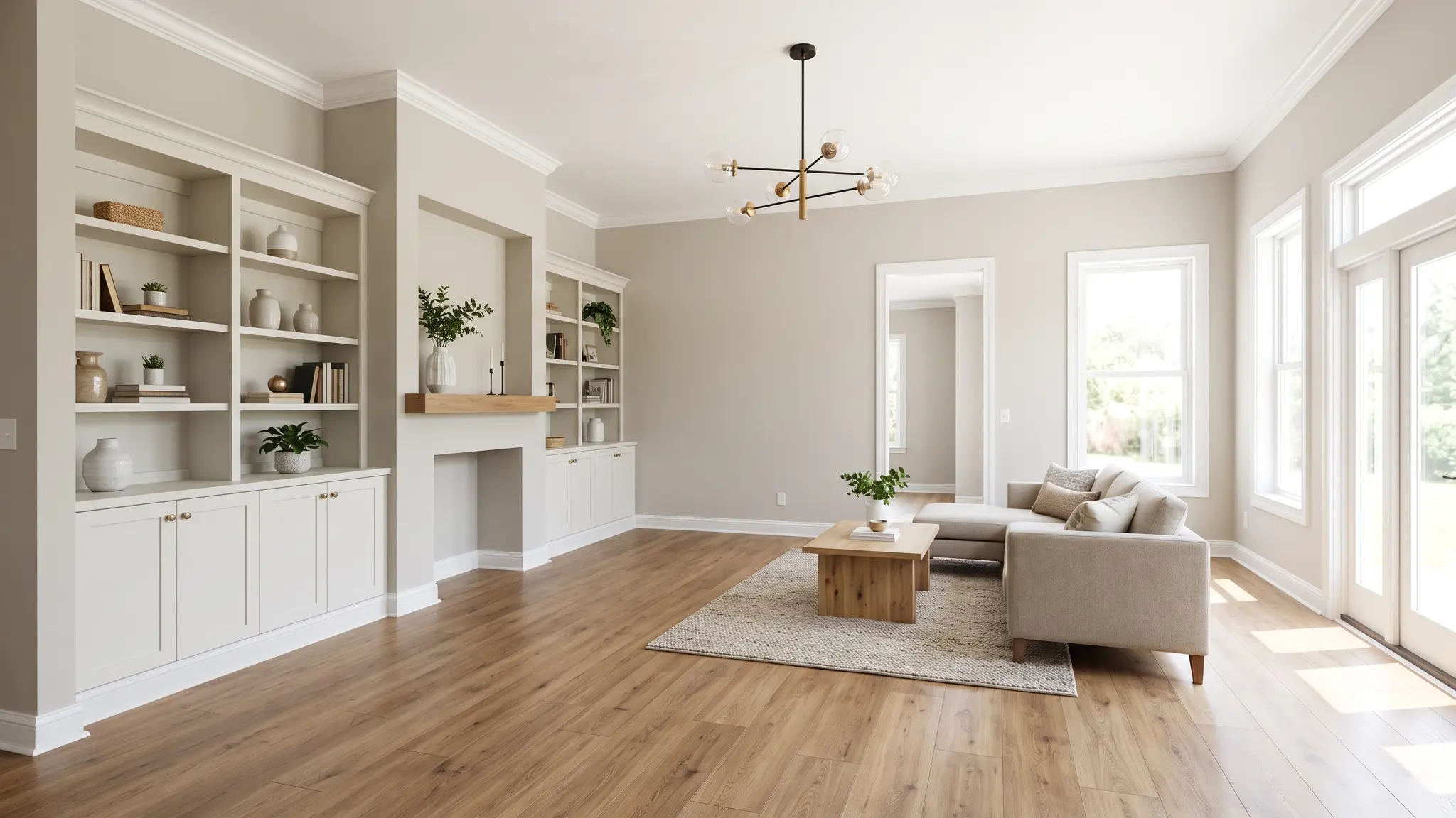 Handyman gallery | Music City Handyguy A modern living room with custom white built-in shelving and hardwood flooring