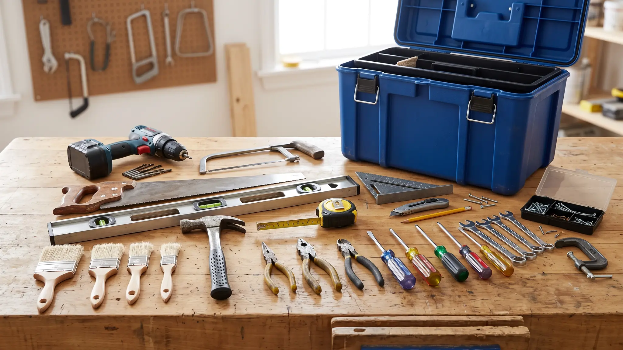 A workbench with hand tools, a power drill, a tape measure and an open blue toolbox