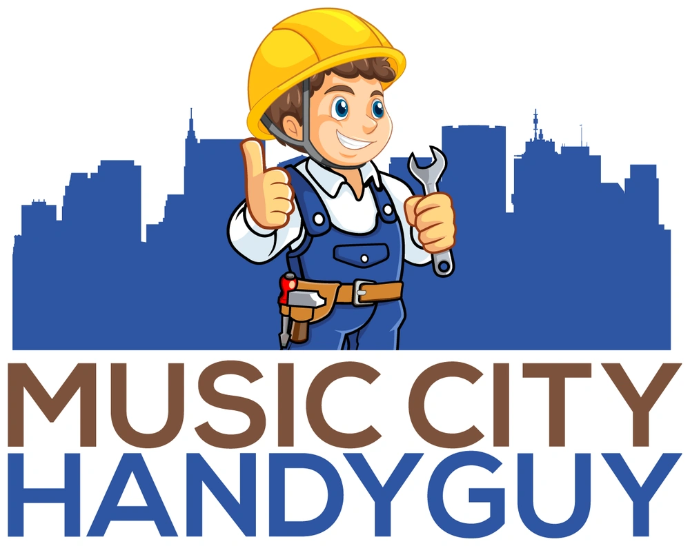 Music City Handyguy logo: a smiling cartoon handyman in a yellow hard hat and blue overalls giving a thumbs up and holding a wrench in front of the Nashville skyline