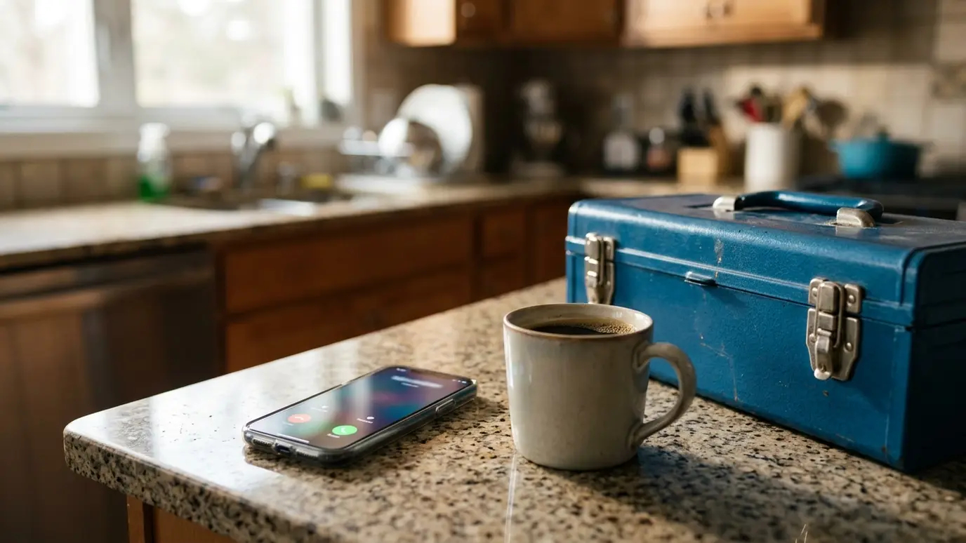 Call or send photos A smartphone on a kitchen counter with a coffee mug and a blue toolbox beside it