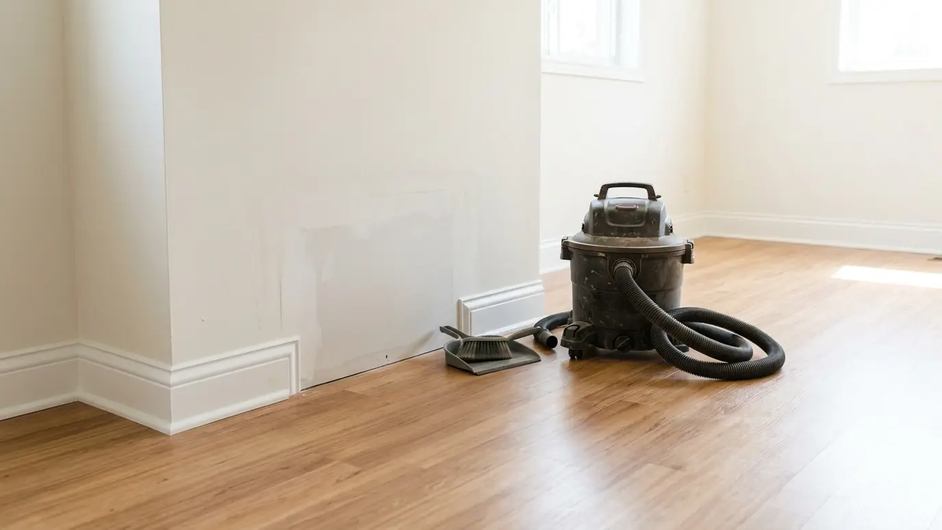 Clean-up and walk-through A shop vacuum and a dustpan in a swept room beside a freshly finished repair