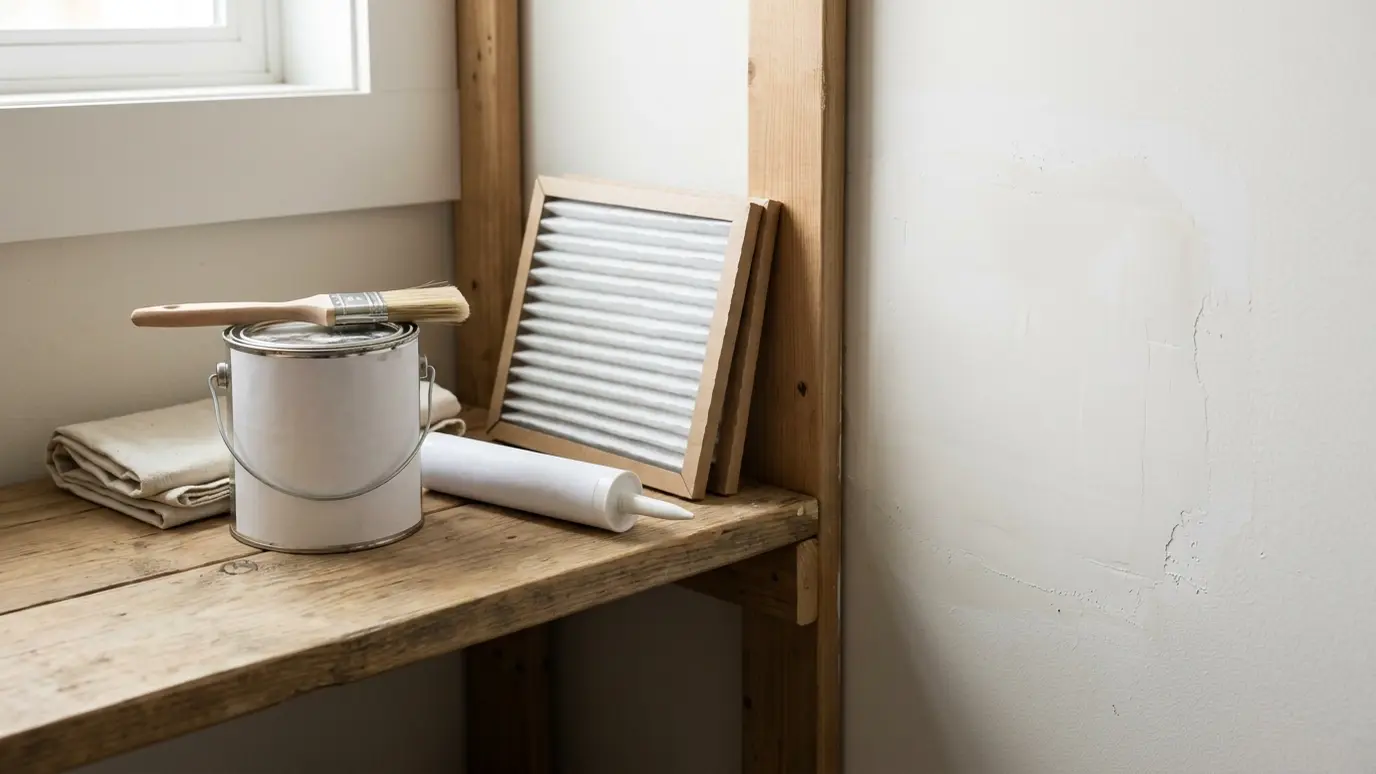 Follow-up A small maintenance kit on a shelf with a spare paint can, a caulk tube and a touch-up brush