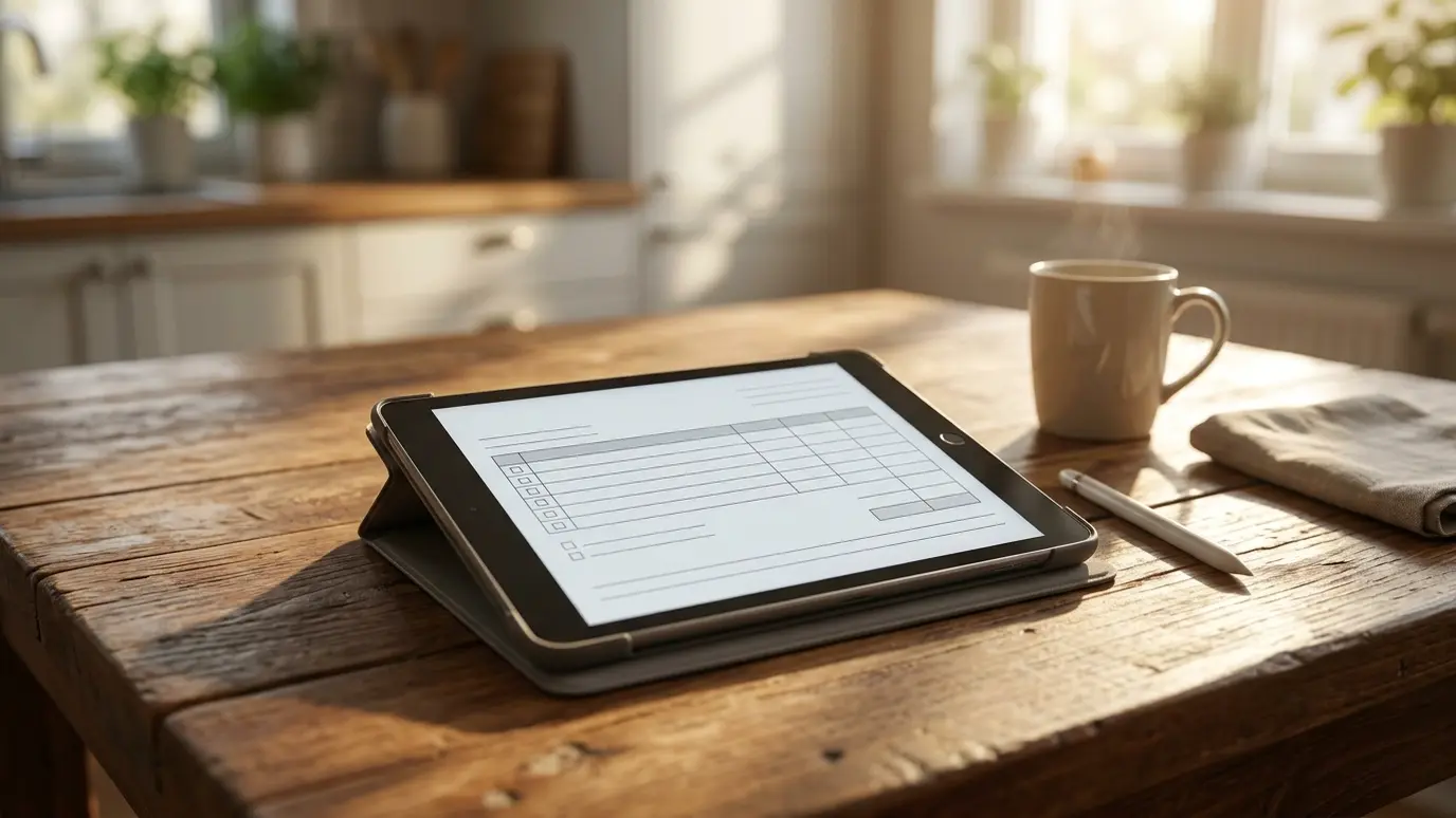 Schedule A tablet with an estimate form and a pen on a kitchen table in morning light