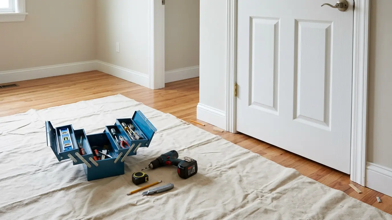 Careful work A tidy work area with a drop cloth over a hardwood floor, an open blue toolbox and a cordless drill