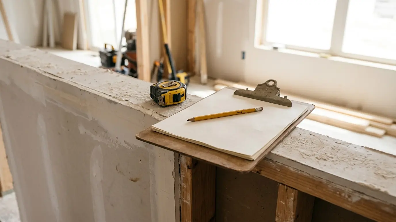 Look and quote A tape measure, a clipboard and a pencil resting on a half-finished wall in a home