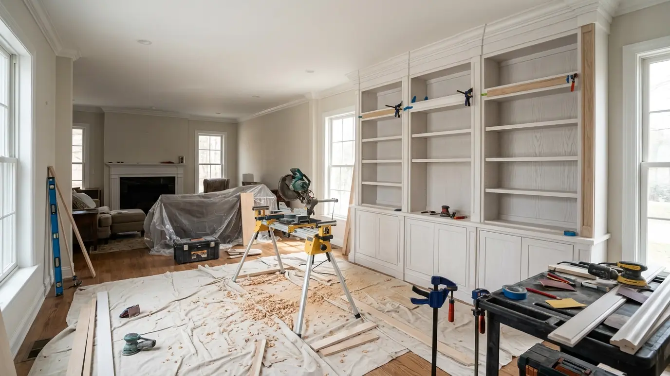 A custom built-in bookcase being finished A custom built-in bookcase being finished