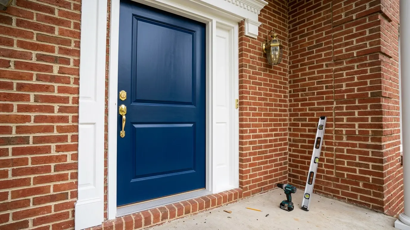 A newly installed navy blue front door with brass hardware A newly installed navy blue front door with brass hardware