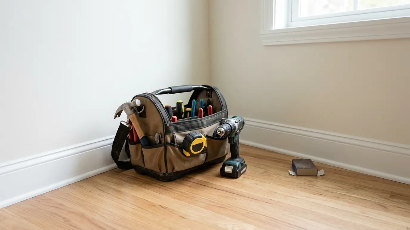 A tidy toolbox beside a freshly repaired wall and baseboard A tidy toolbox beside a freshly repaired wall and baseboard