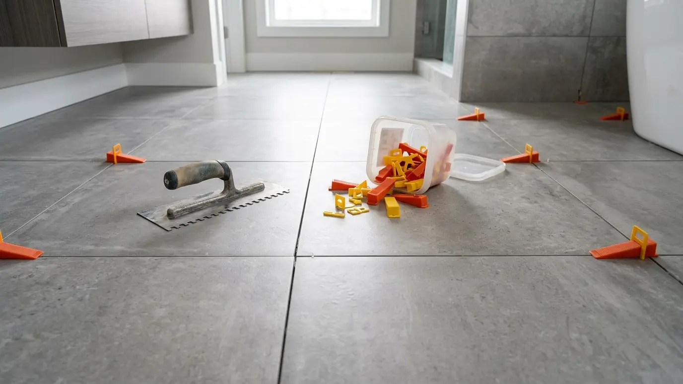 Large-format porcelain tile with a notched trowel Large-format porcelain tile with a notched trowel