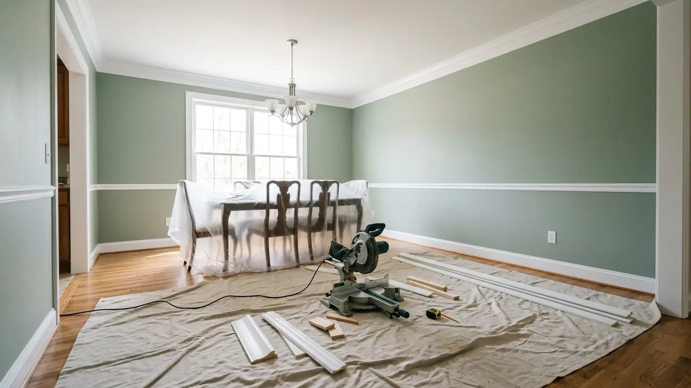 Crown molding and chair rail in a dining room Crown molding and chair rail in a dining room