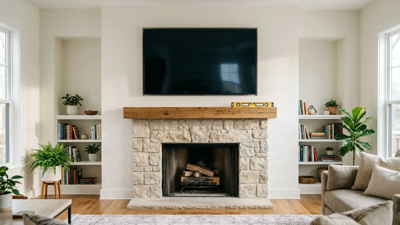 A TV mounted above a fireplace with hidden cables A TV mounted above a fireplace with hidden cables