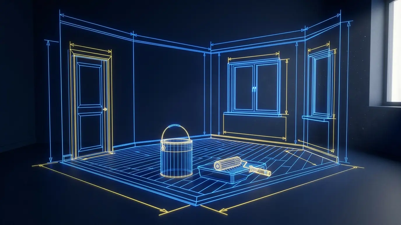 Handyman tools and calculators | Music City Handyguy A glowing blue wireframe blueprint of a room with a paint bucket and roller